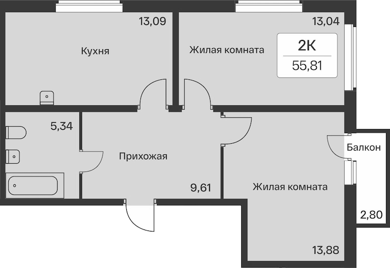 2-комнатная квартира 55.81 м², 9/9 эт., ЖК «Расцветай в Янино»